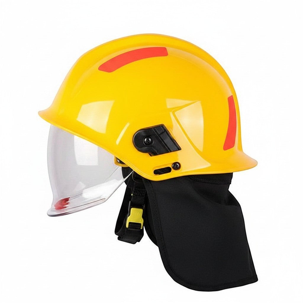 Casco de bombero GERF SAFETY amarillo estilo europeo 17 con visor transparente y protector de cuello Nomex negro