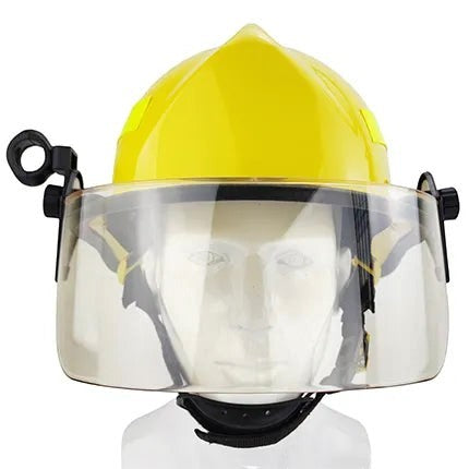 Casco de bombero GERF SAFETY F3 amarillo con visor protector transparente y diseño de perfil bajo certificado EN 443