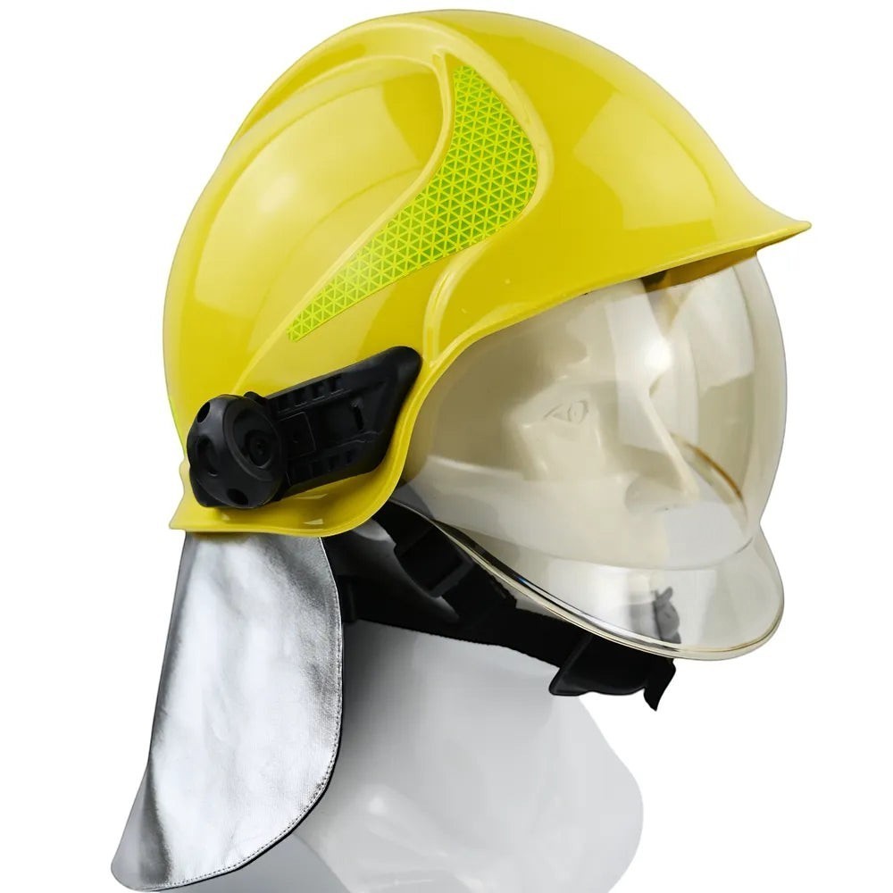 Casco de bombero amarillo GERF SAFETY con doble visor, protector de cuello de aluminio y reflectores 3M certificados.