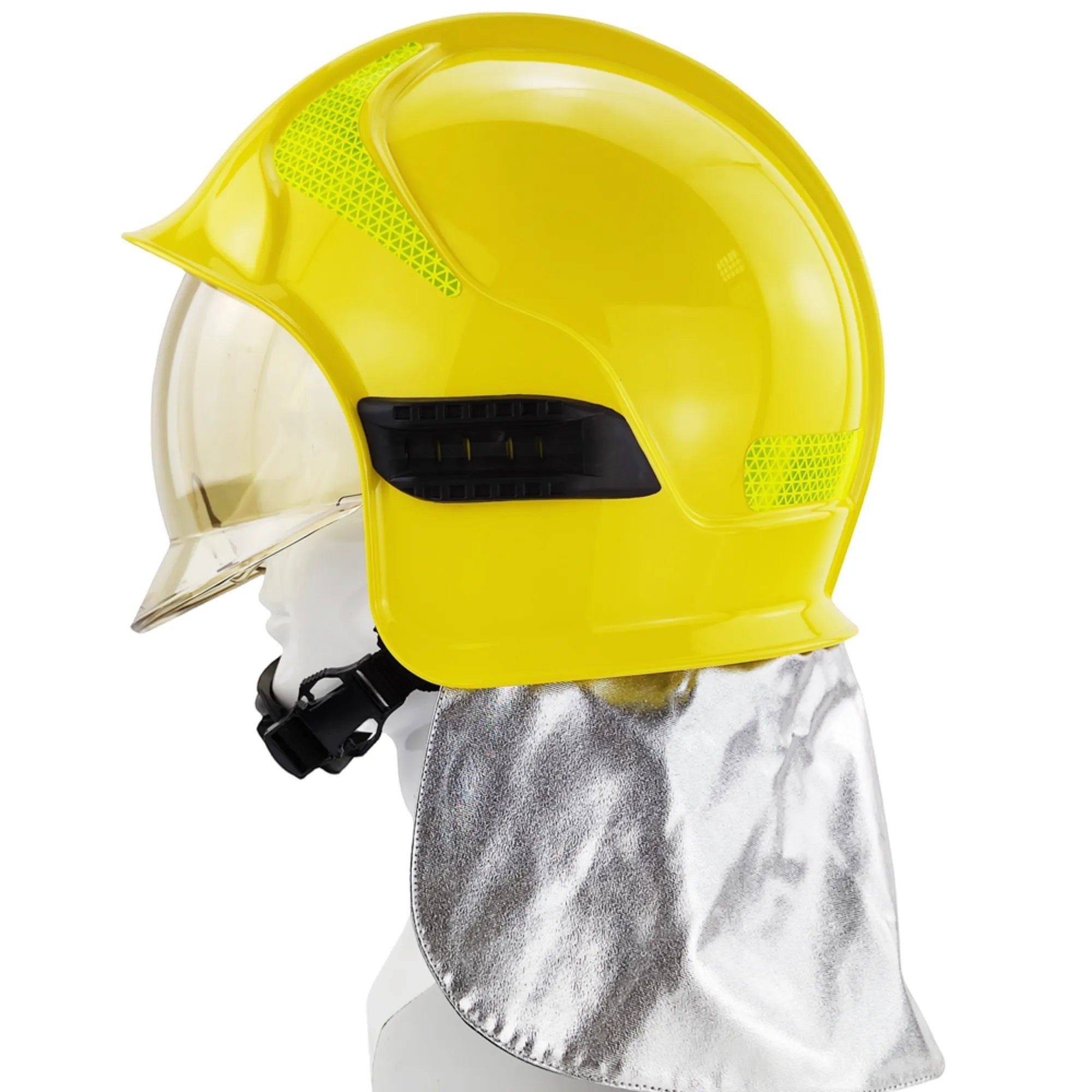 Casco de bombero GERF SAFETY A1 Calisia amarillo con doble visor, protector de cuello de aluminio y bandas reflectantes.