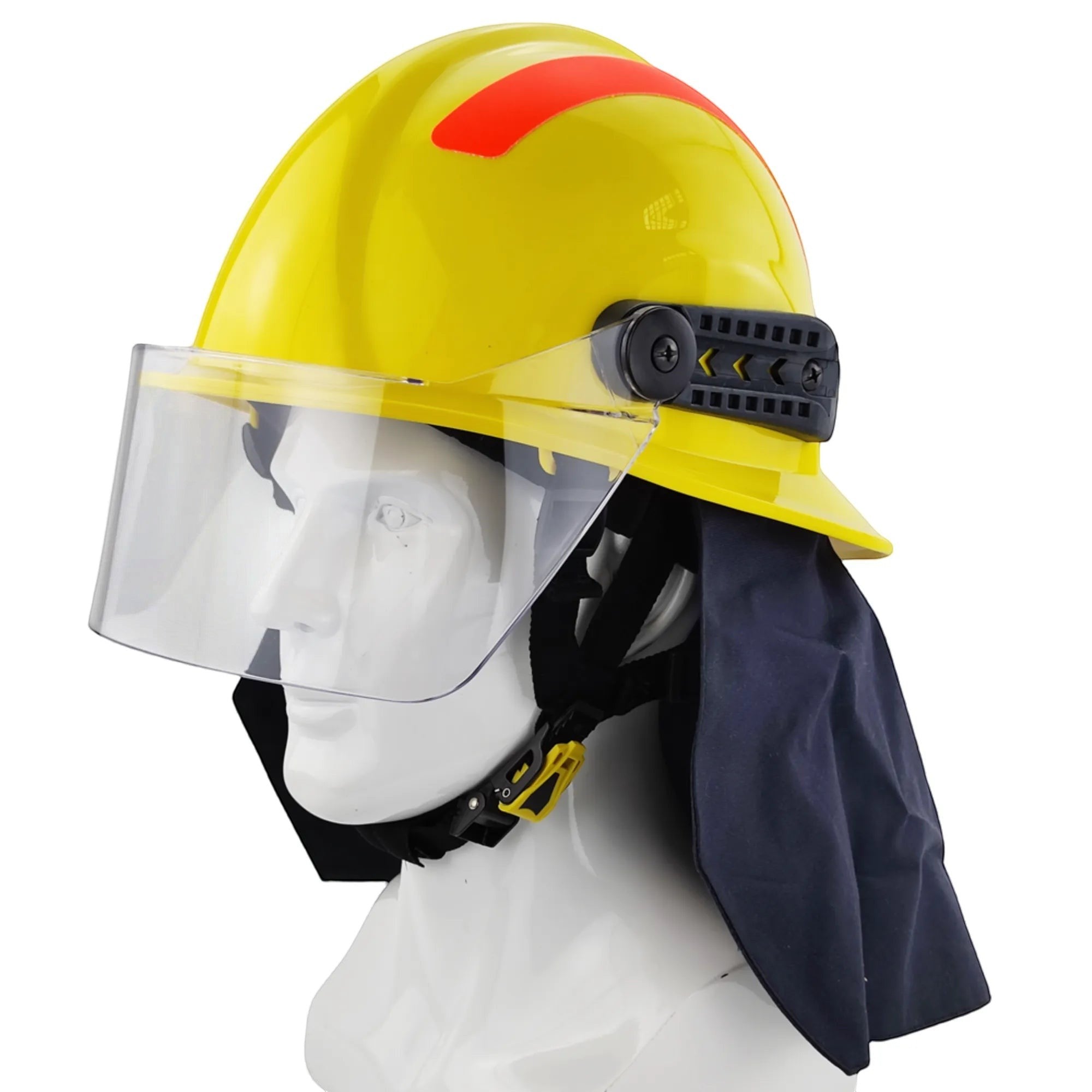 Casco de bombero amarillo GERF SAFETY Estilo 17 con visor semiintegral transparente y protector de cuello de Nomex