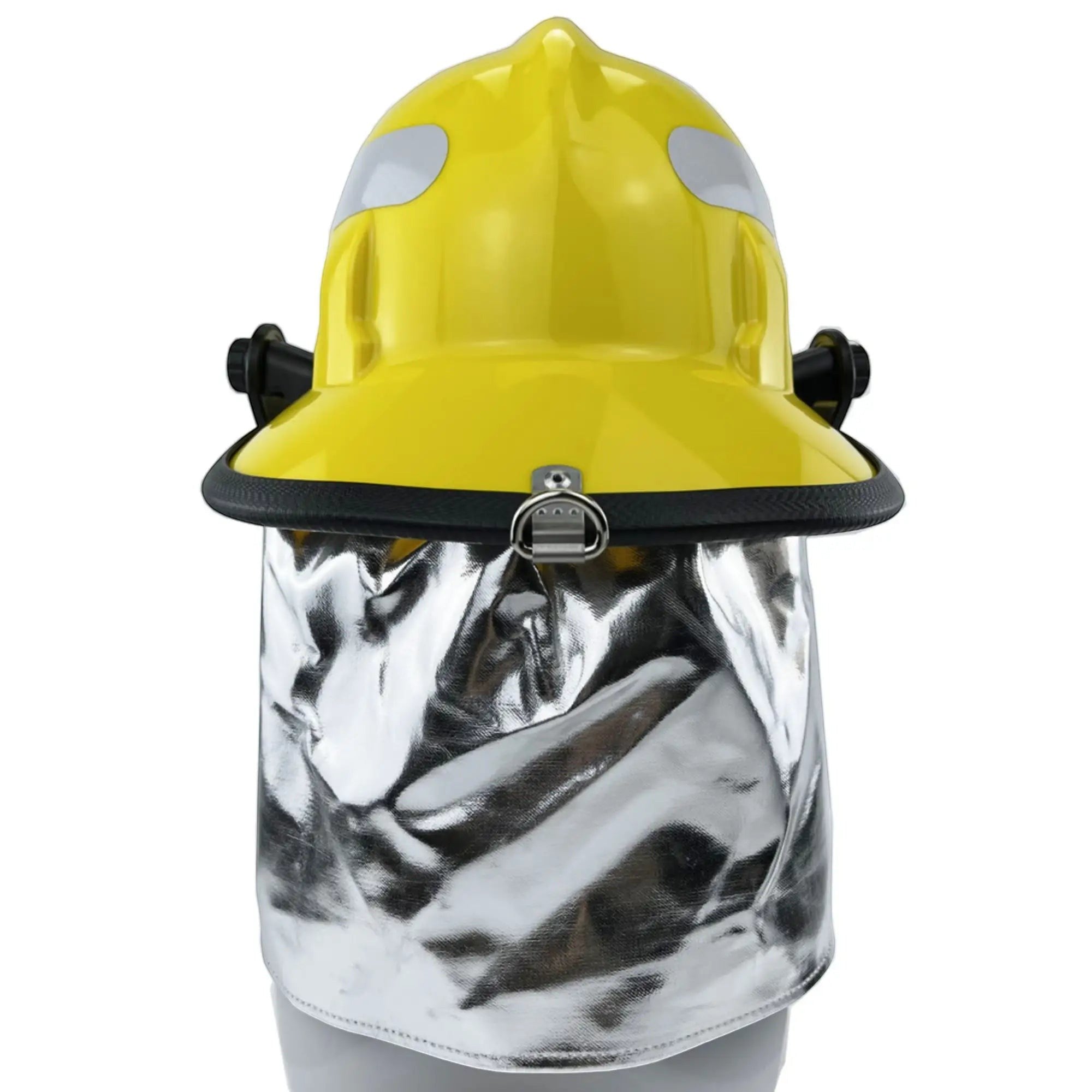 Casco de bombero GERF SAFETY estilo americano en color amarillo con carcasa PEI reforzada y protector de cuello aluminizado