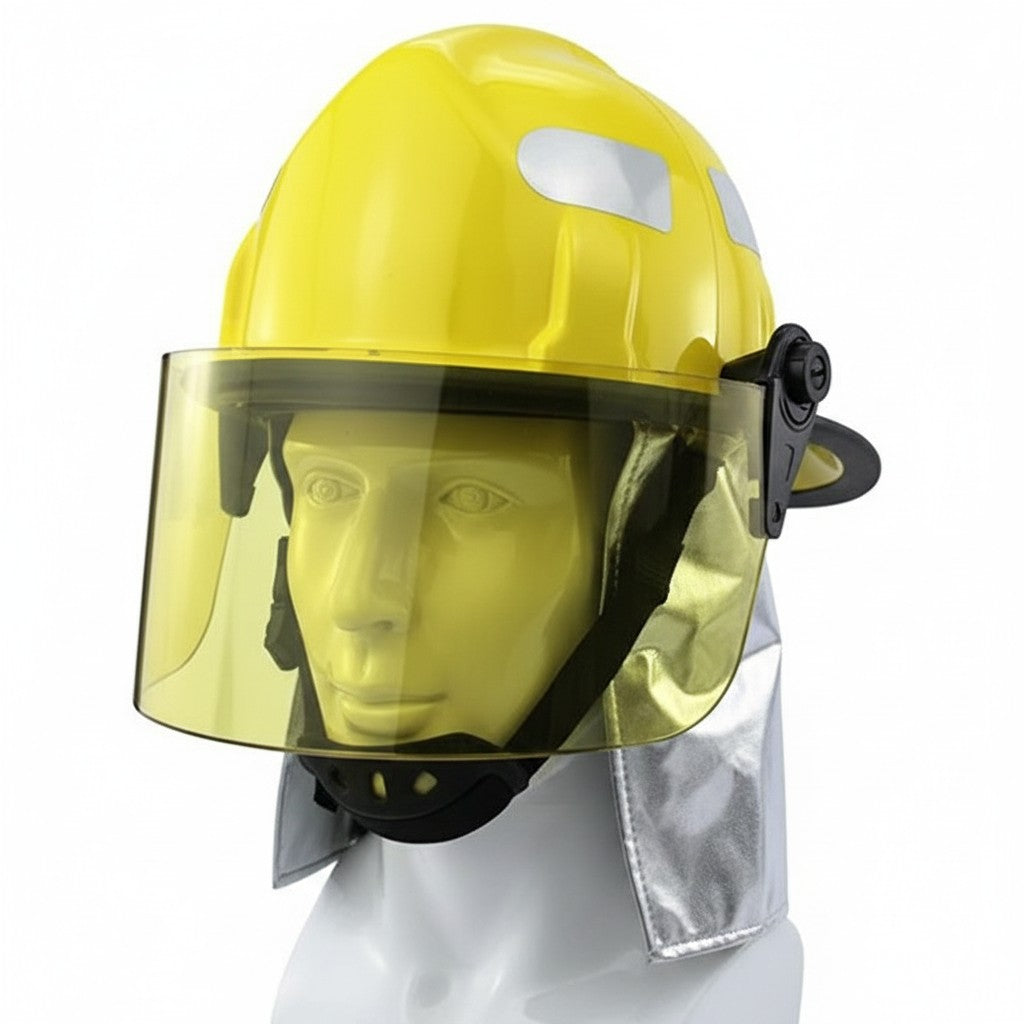 Casco de bombero GERF SAFETY estilo estadounidense amarillo con visera protectora marrón y cortina de cuello reflectante