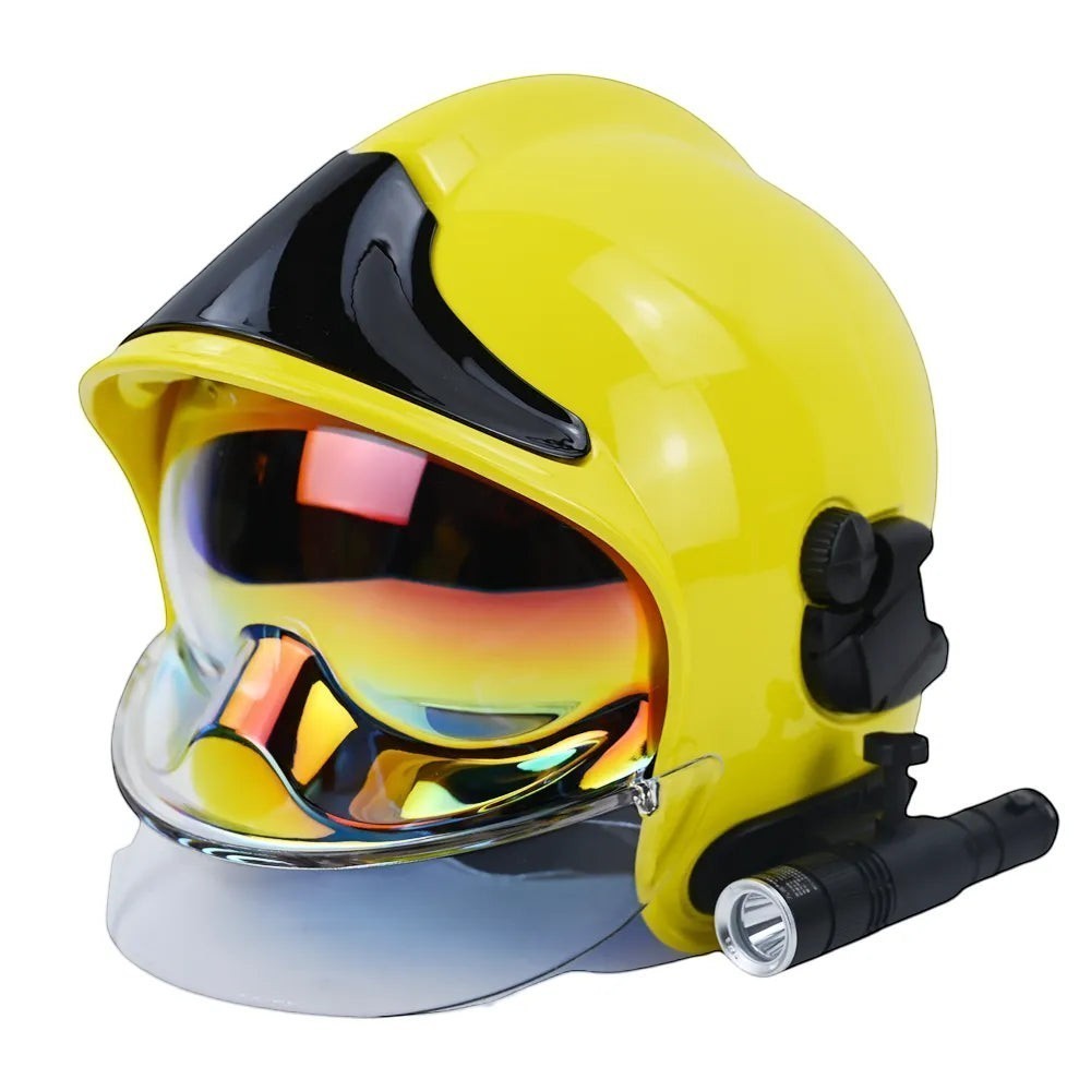 Casco de bombero GERF SAFETY F1AG amarillo con visera dorada integral, carcasa de policarbonato y linterna lateral