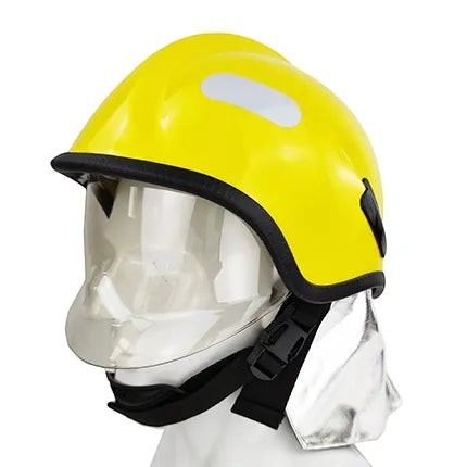 Casco de bombero GERF SAFETY estilo Europa amarillo con visor transparente y protector de cuello de aluminio