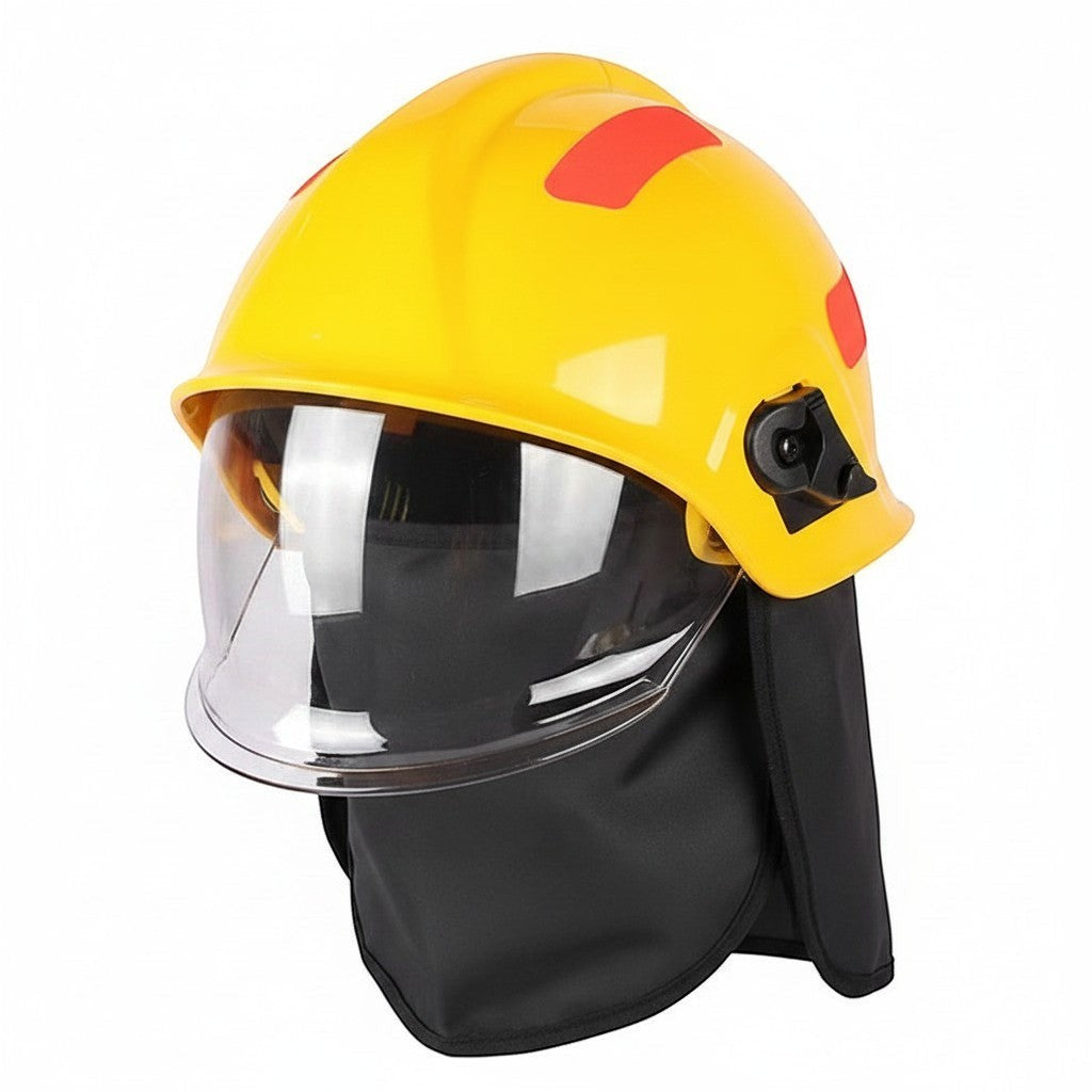 Casco de bombero GERF SAFETY amarillo estilo europeo 17 con visor transparente y protector de cuello negro