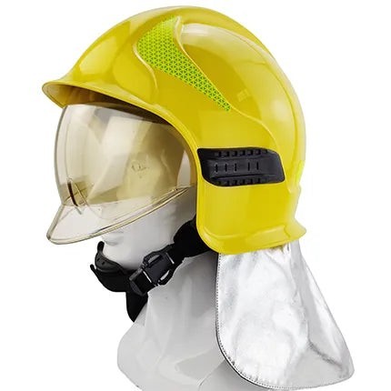 Casco de bombero amarillo GERF SAFETY A1 Calisia con doble visor, protector de cuello aluminizado y bandas reflectantes.
