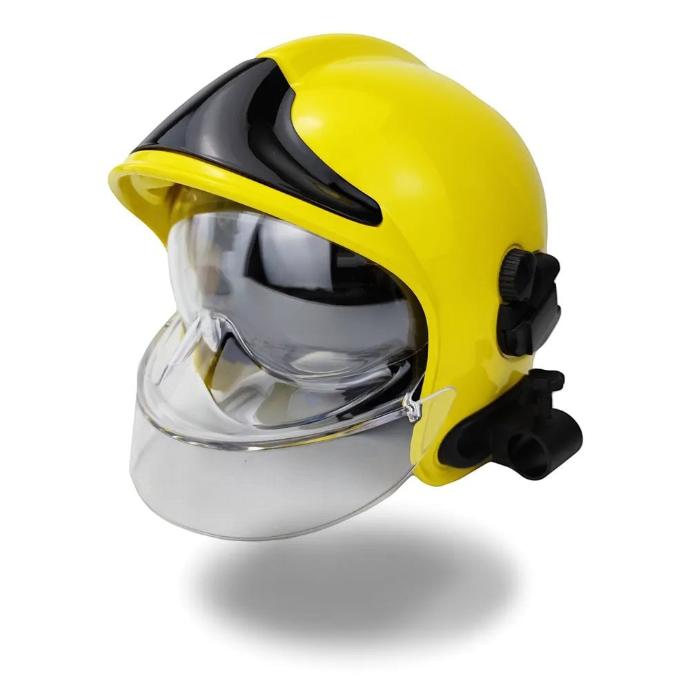 Casco de bombero GERF SAFETY estilo europeo en color amarillo con visor integral transparente y protección facial.