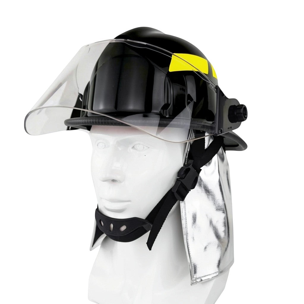 Casco de bombero GERF SAFETY estilo americano en color negro con visor transparente PPSU y protector de cuello reflectante