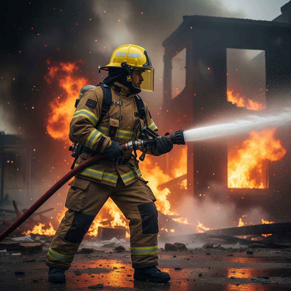 Bombero con casco amarillo GERF SAFETY estilo americano y visor PPSU combatiendo un incendio estructural intenso.