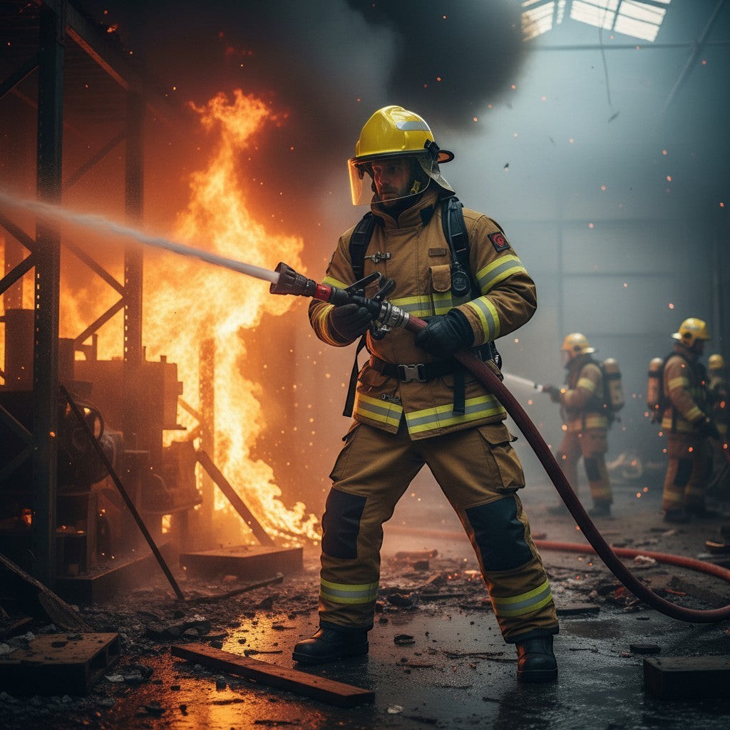 Bombero con casco amarillo GERF SAFETY estilo estadounidense y equipo de protección contra incendios en acción