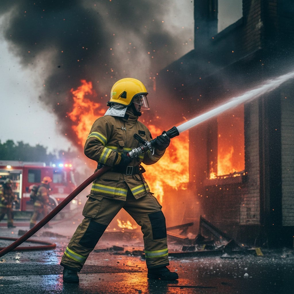 Bombero con casco amarillo GERF SAFETY de estilo europeo y equipo de protección durante un entrenamiento de incendios.