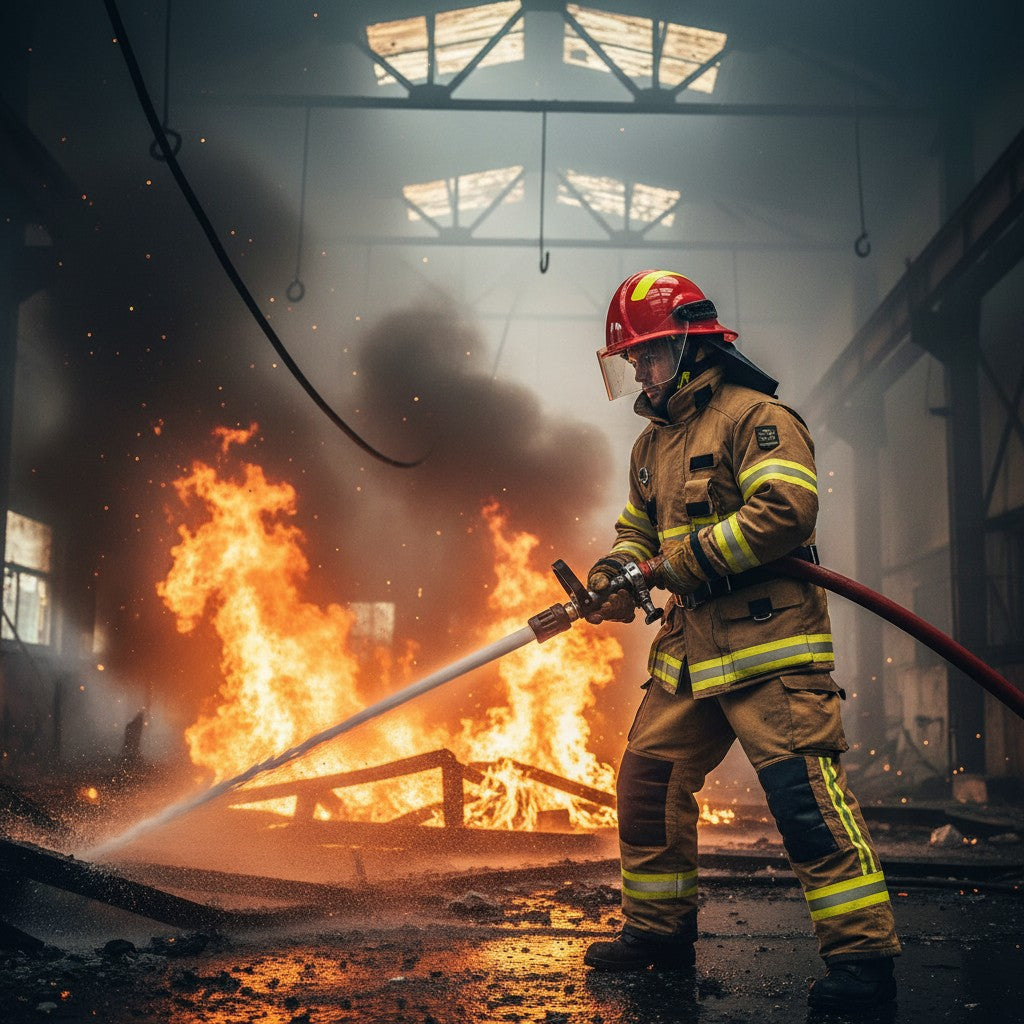 Bombero con casco rojo GERF SAFETY Estilo 17 y equipo de protección Nomex combatiendo un incendio estructural intenso.