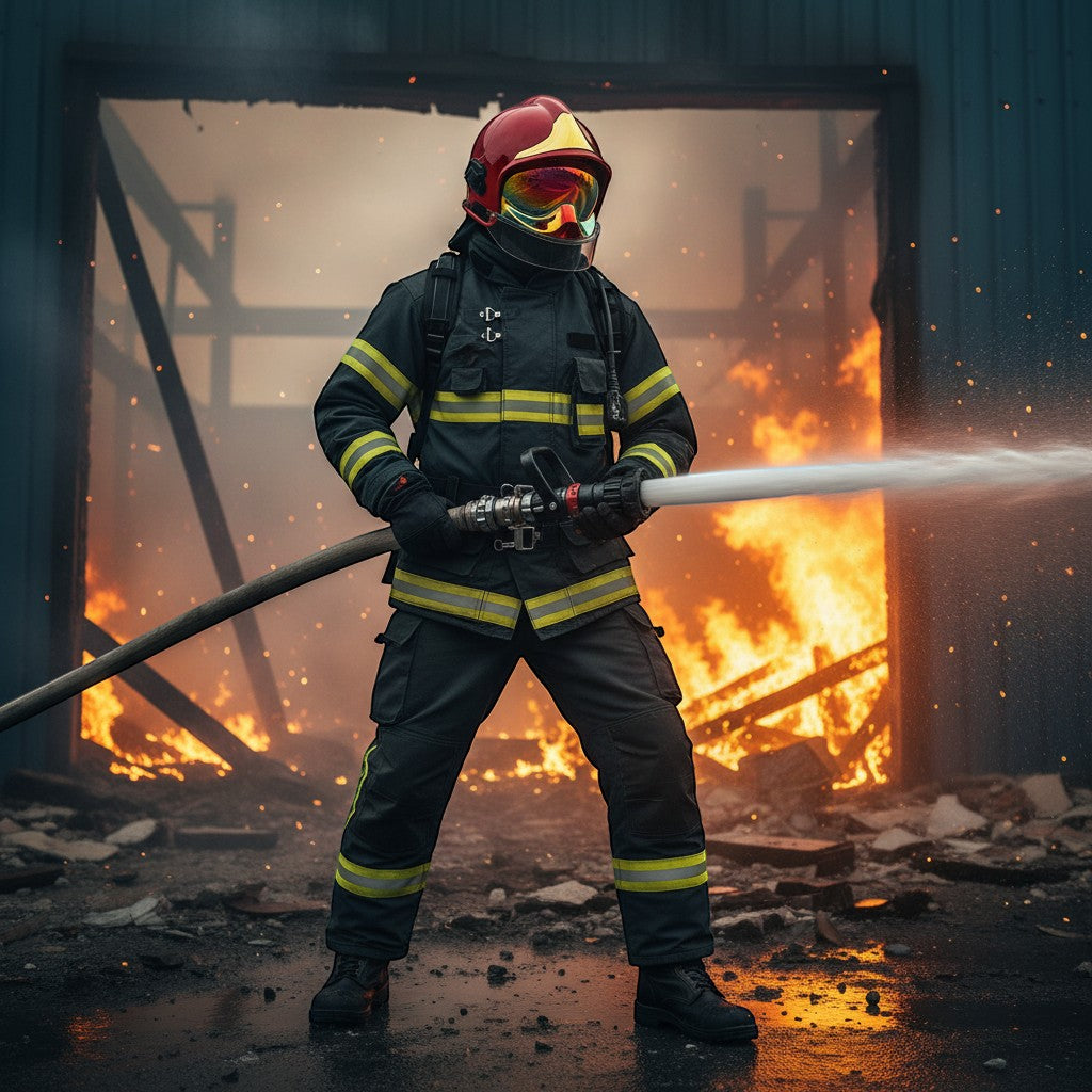 Bombero con casco GERF SAFETY F1AG rojo y visera dorada, equipado con traje protector frente a un incendio estructural.