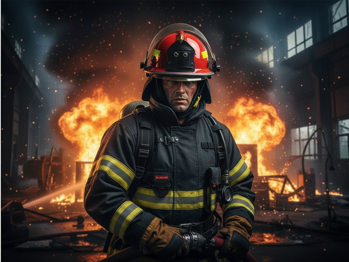 Bombero con casco rojo GERF SAFETY F3 y equipo de protección Nomex frente a un incendio estructural intenso.
