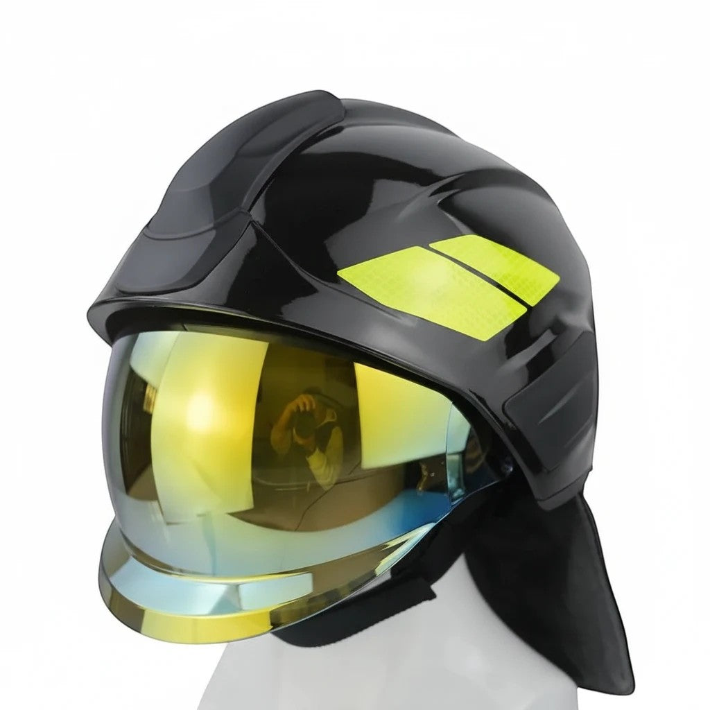 Casco de bombero negro GERF SAFETY estilo Rosenbauer con visera dorada PPSU y detalles reflectantes de alta visibilidad