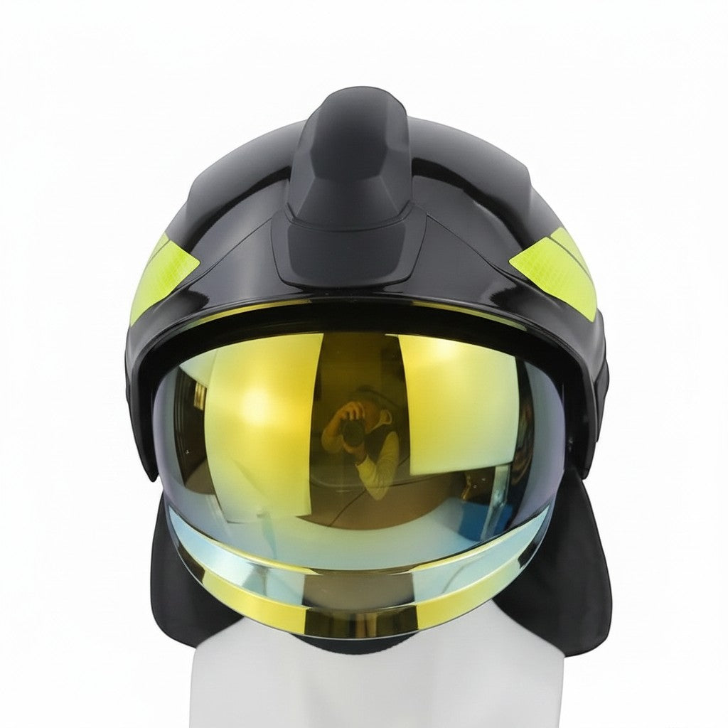 Casco de bombero negro GERF SAFETY estilo Rosenbauer con visera dorada PPSU y detalles reflectantes amarillos