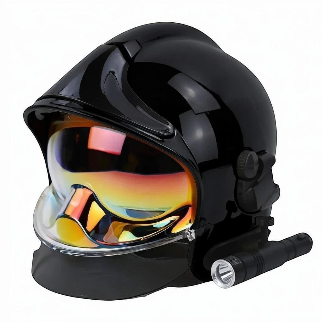 Casco de bombero negro GERF SAFETY F1AG con visera dorada integral y linterna lateral para protección contra incendios