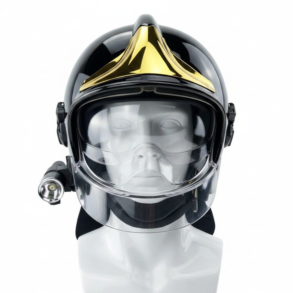 Casco de bombero GERF SAFETY estilo europeo en color negro con visor transparente, linterna lateral y protector de cuello.