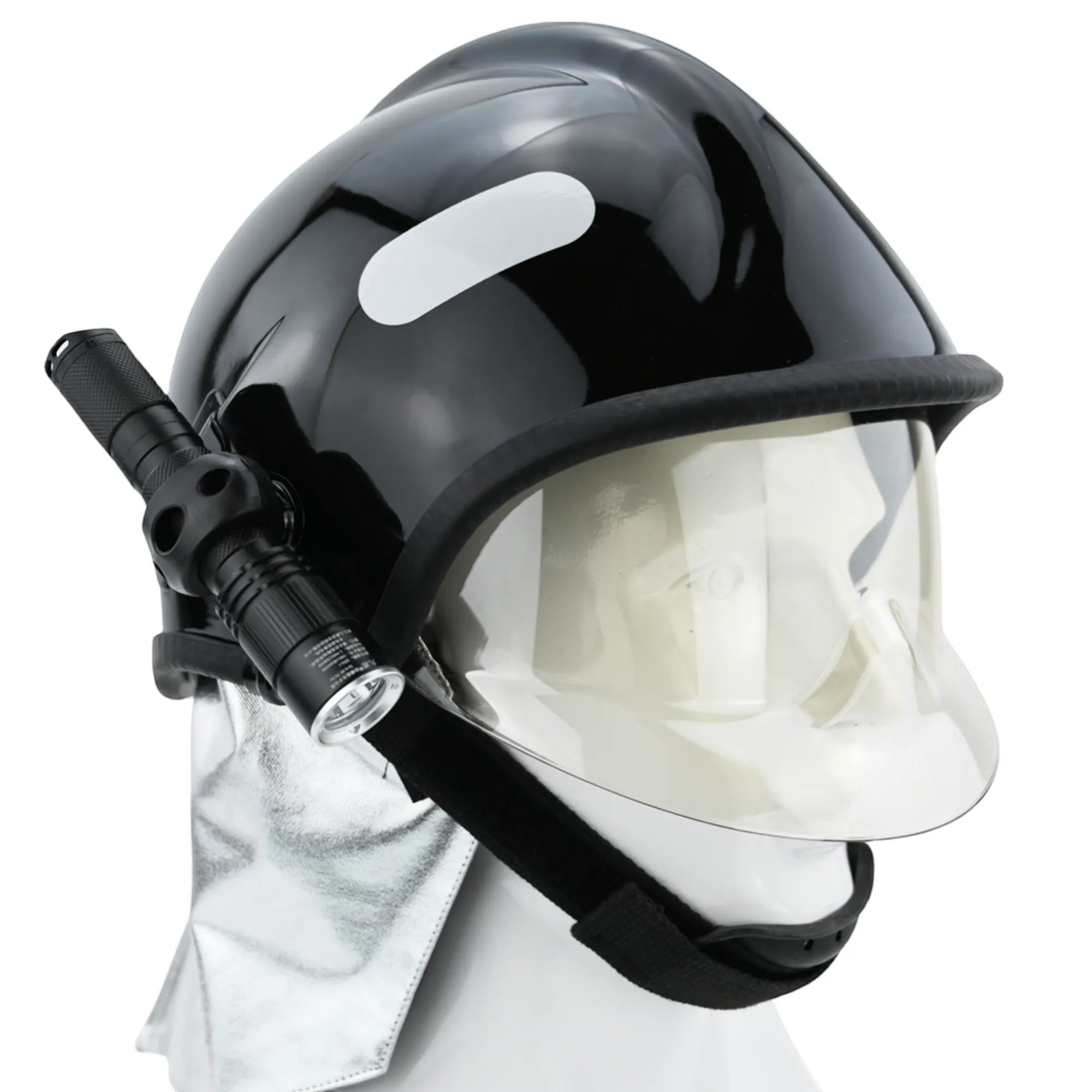 Casco de bombero GERF SAFETY 200QA negro estilo europeo con visor transparente, protector de cuello aluminizado y linterna