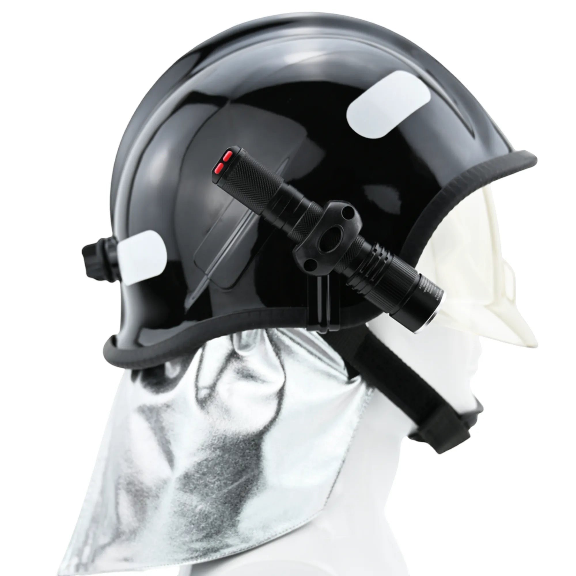 Casco de bombero negro GERF SAFETY estilo Europa con visor, linterna integrada y protector de cuello de aluminio