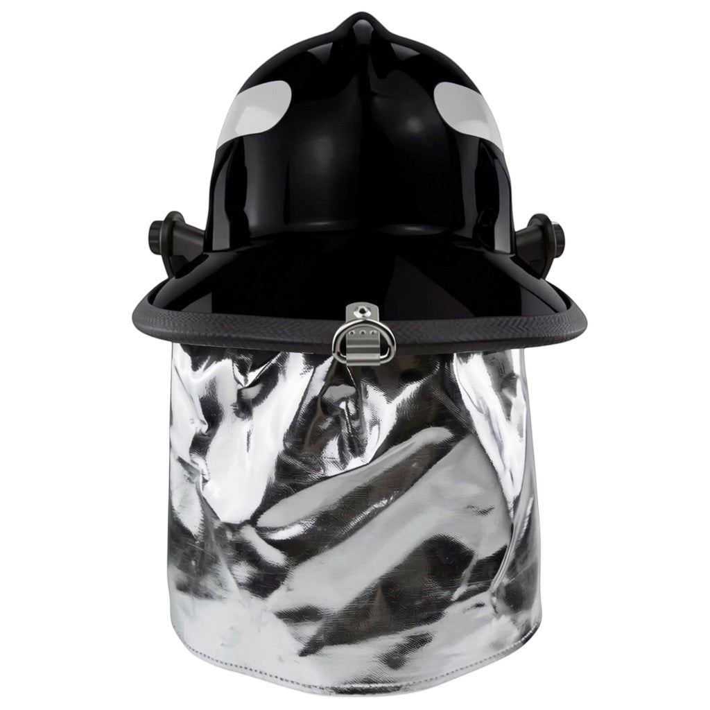 Casco de bombero GERF SAFETY estilo americano en color negro con visor PPSU y protector de cuello de aluminio térmico