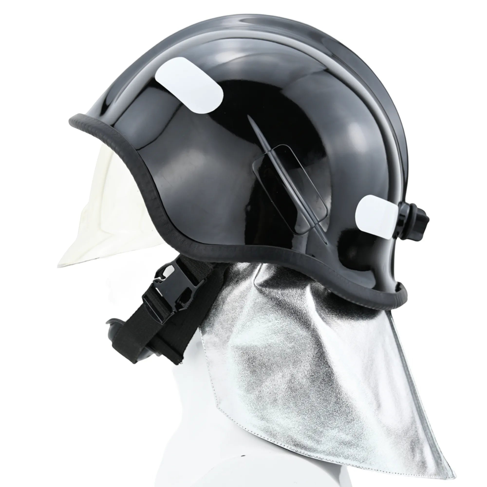 Casco de bombero negro GERF SAFETY estilo Europa con visor transparente y protector de cuello de aluminio ignífugo.