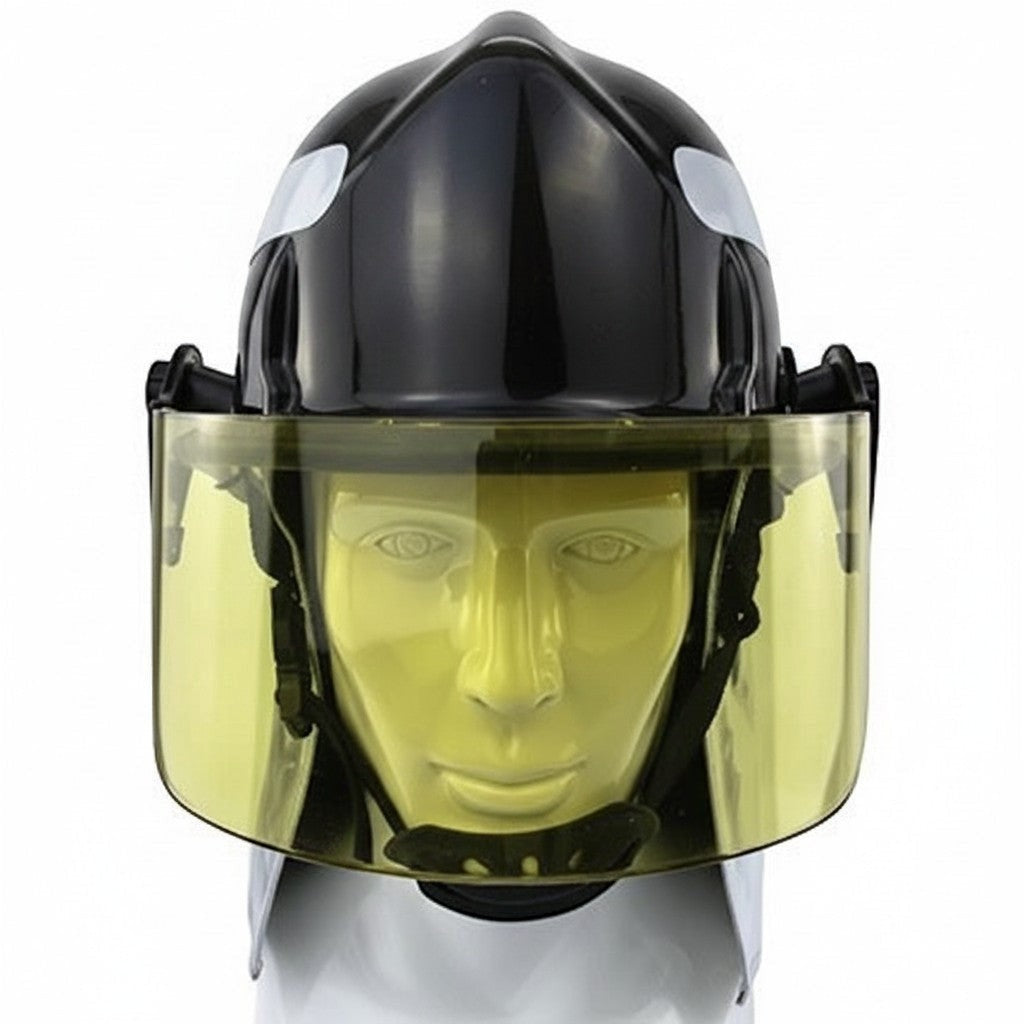 Casco de bombero GERF SAFETY estilo americano en color negro con visor protector marrón y cortina de cuello