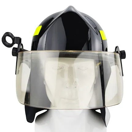 Casco de bombero negro GERF SAFETY con visor protector transparente, diseño de perfil bajo y bandas reflectantes 3M.