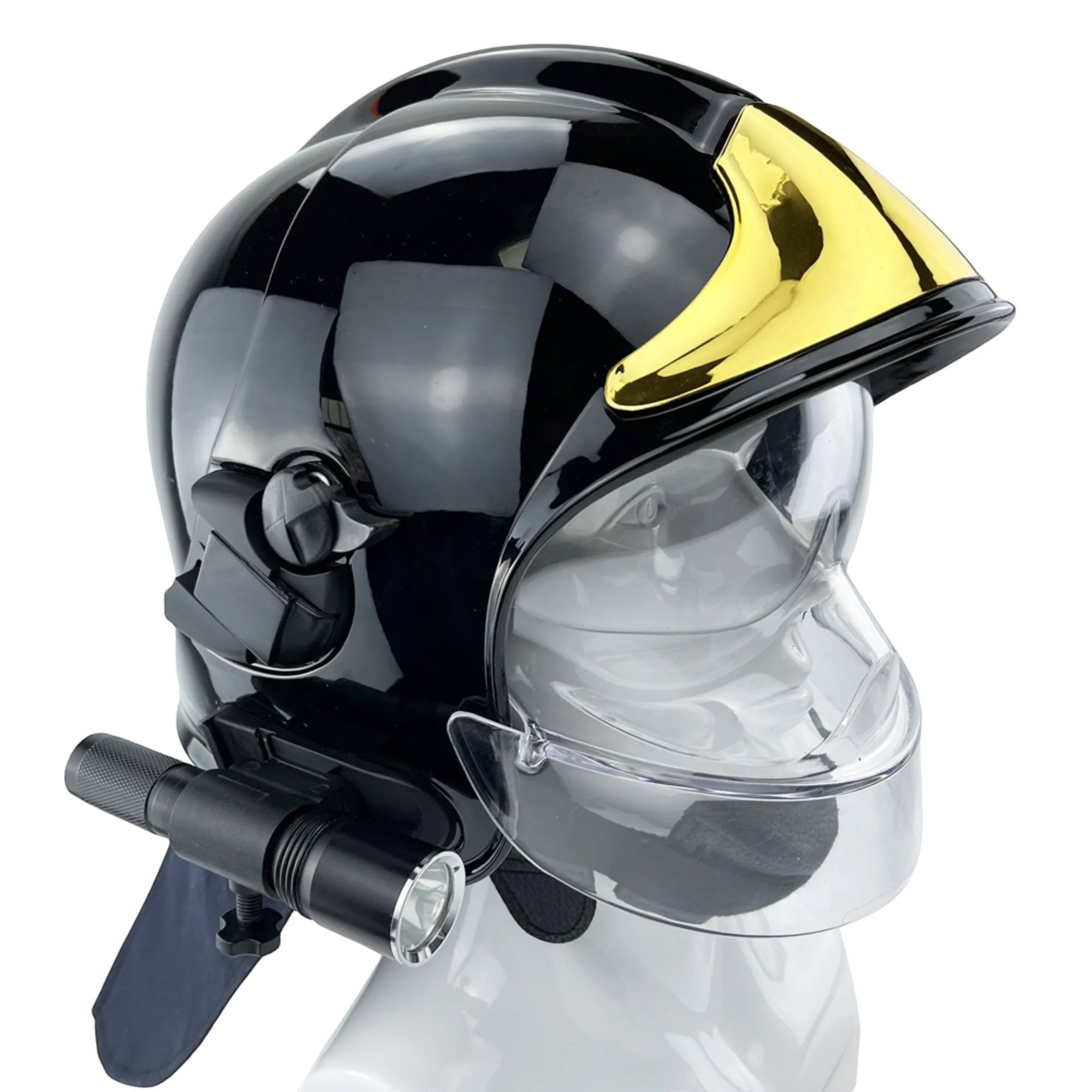 Casco de bombero GERF SAFETY estilo europeo en color negro con visor transparente, linterna lateral y protector nuca