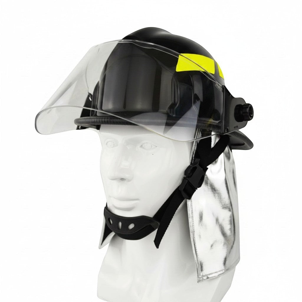 Casco de bombero GERF SAFETY estilo estadounidense en color negro con visor transparente y protector de cuello térmico
