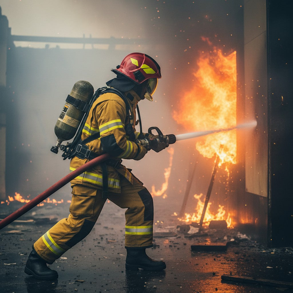 Bombero con casco GERF SAFETY estilo Nova Fire y visera dorada combatiendo un incendio estructural con manguera.