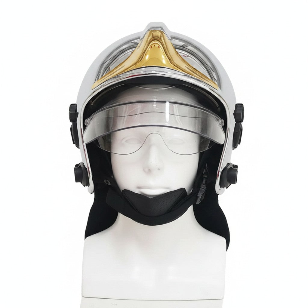 Casco de bombero GERF SAFETY estilo europeo con visor integral, protección facial y cubrenuca en color plateado.