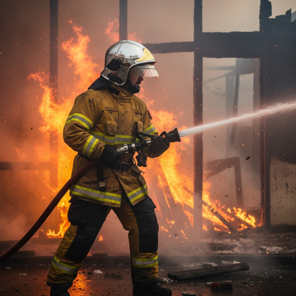 Bombero con casco GERF SAFETY plateado estilo europeo combatiendo un incendio estructural con manguera de agua.