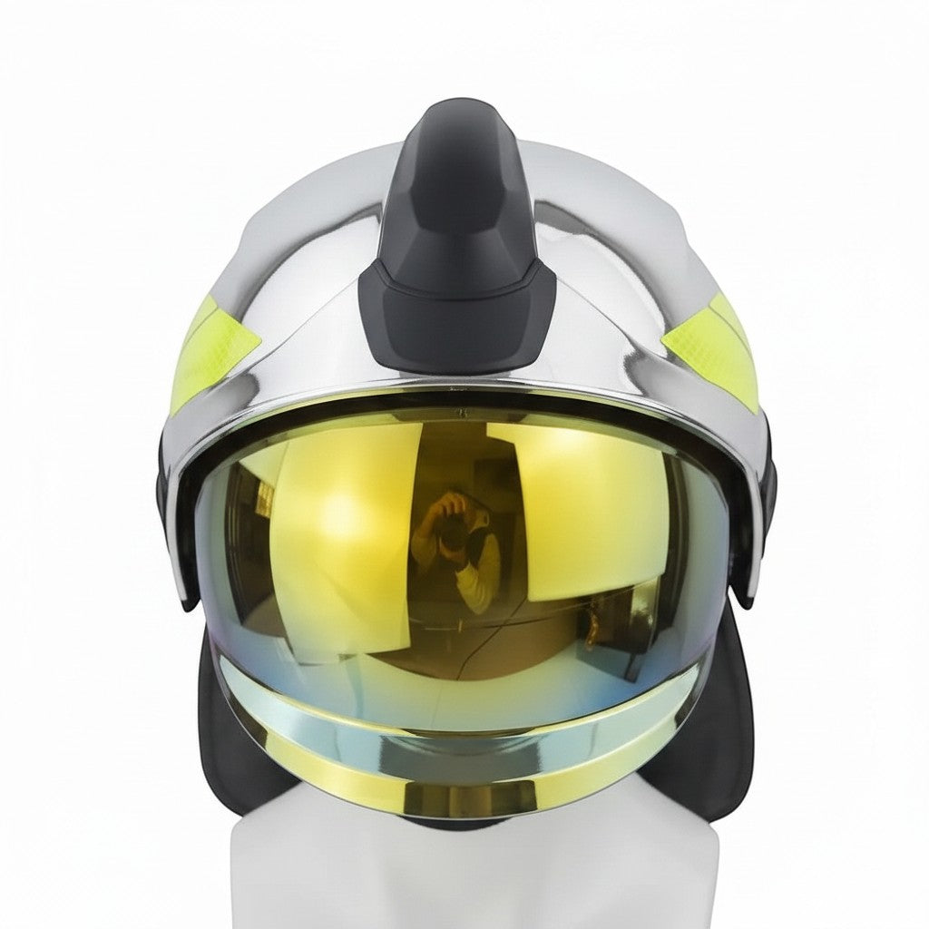 Casco de bombero GERF SAFETY estilo Rosenbauer con carcasa plateada y visera dorada antiniebla de alta resistencia.