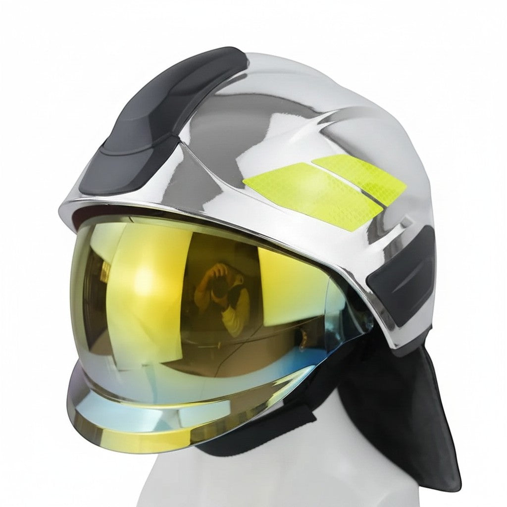 Casco de bombero GERF SAFETY estilo Rosenbauer plateado con visera dorada PPSU y protección de cuello ignífuga
