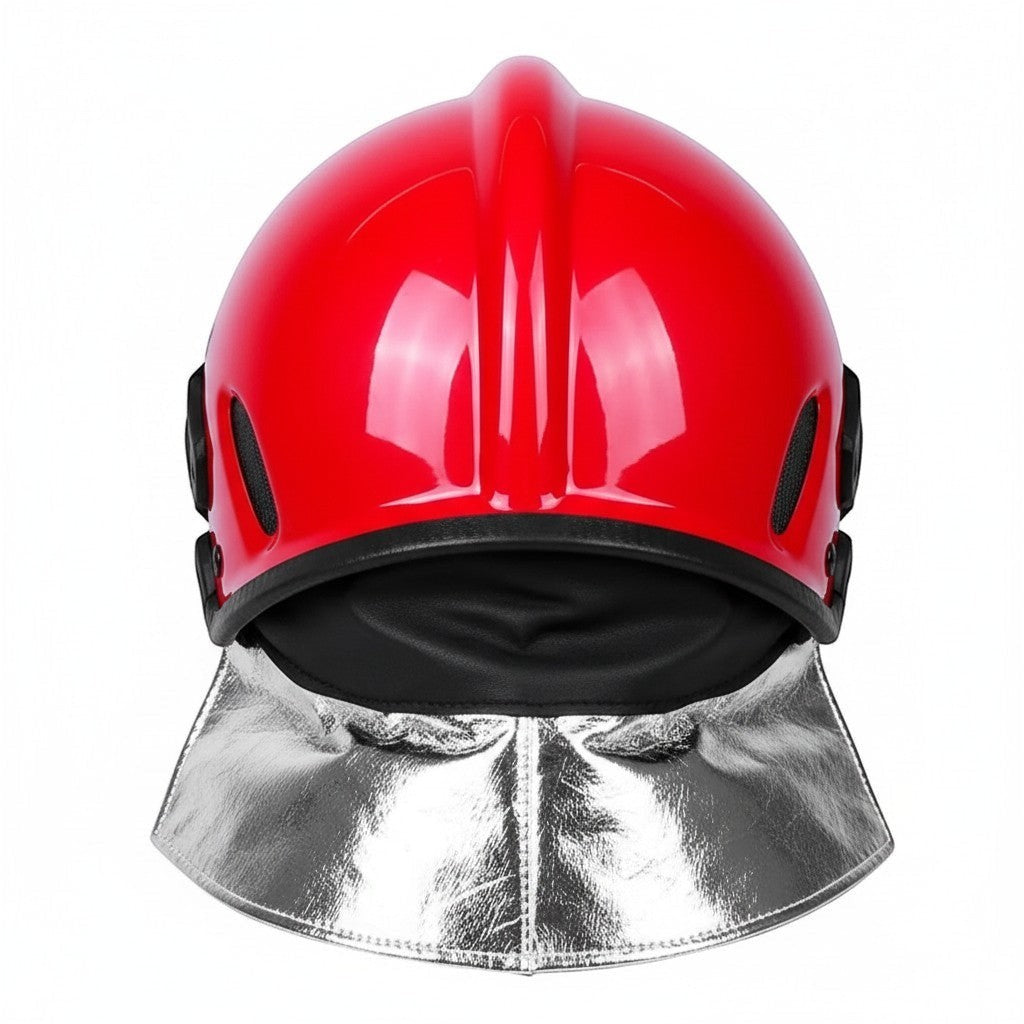 Casco de bombero rojo GERF SAFETY estilo europeo con carcasa de ABS y protector de cuello de lámina de aluminio.