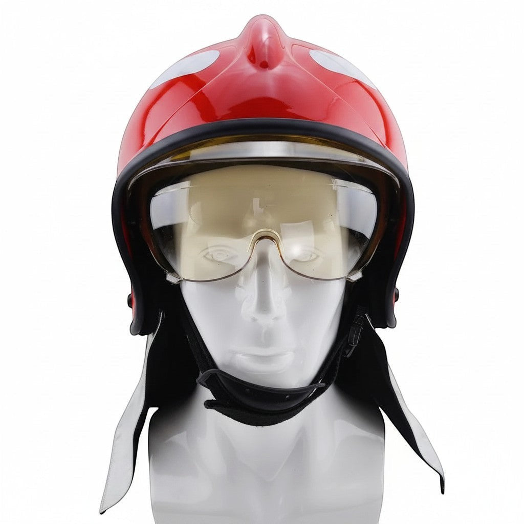 Casco de bombero GERF SAFETY rojo estilo europeo con doble visor y protector de cuello Nomex para protección estructural