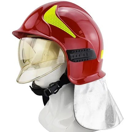 Casco de bombero rojo GERF SAFETY modelo A1 con doble visor, protector de cuello aluminizado y bandas reflectantes 3M.