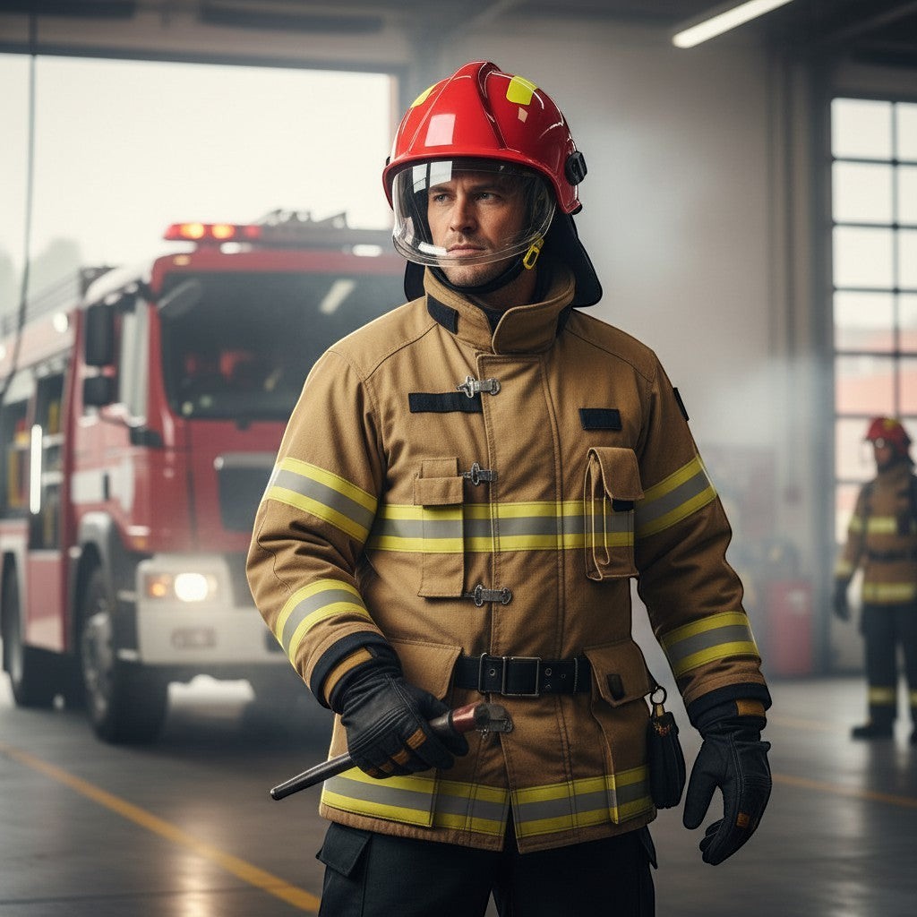 Bombero con casco rojo GERF SAFETY estilo europeo 17, visor transparente y traje de protección en estación de bomberos