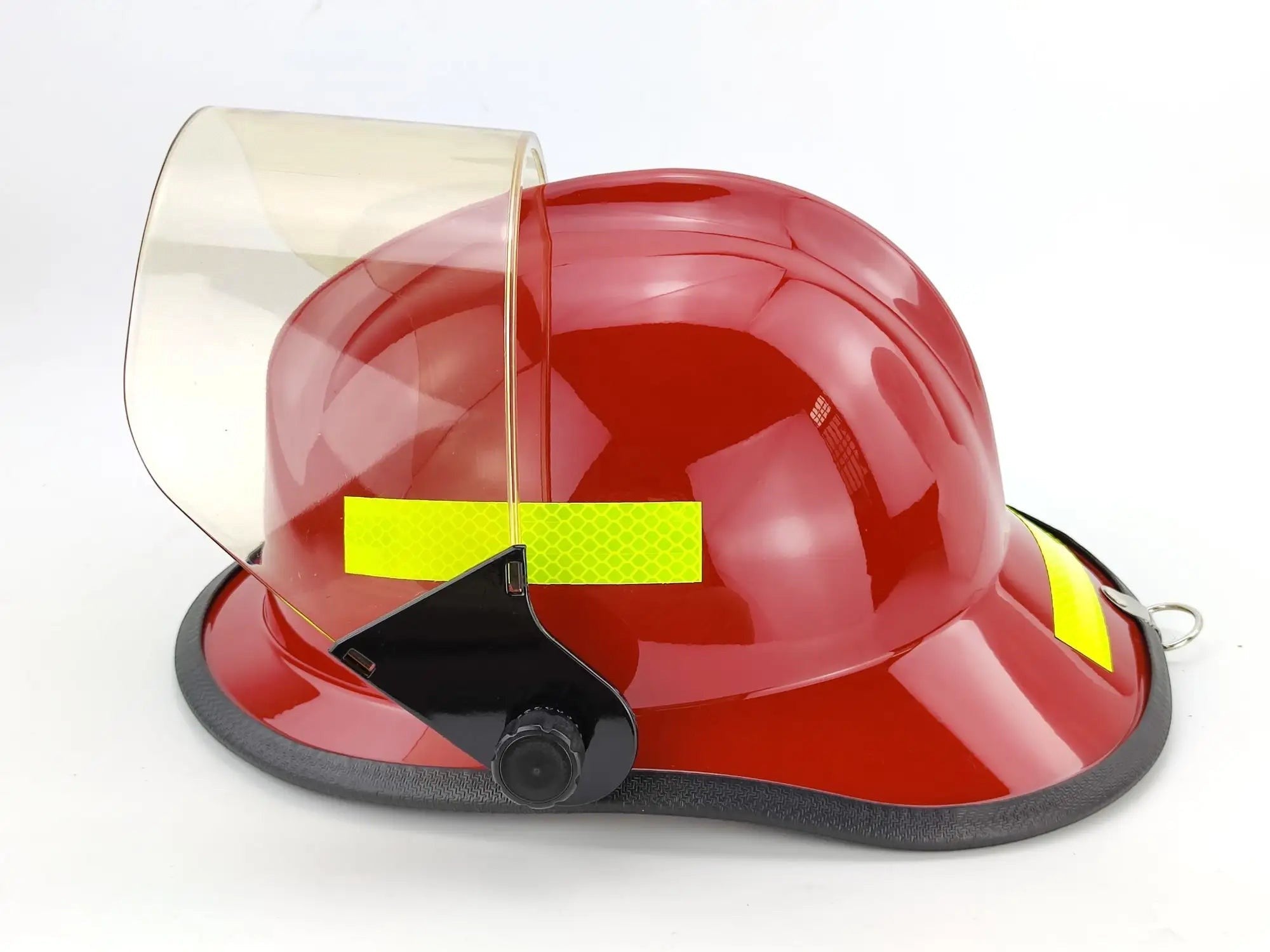 Casco de bombero rojo GERF SAFETY F3 con visor transparente, bandas reflectantes 3M y diseño de perfil bajo