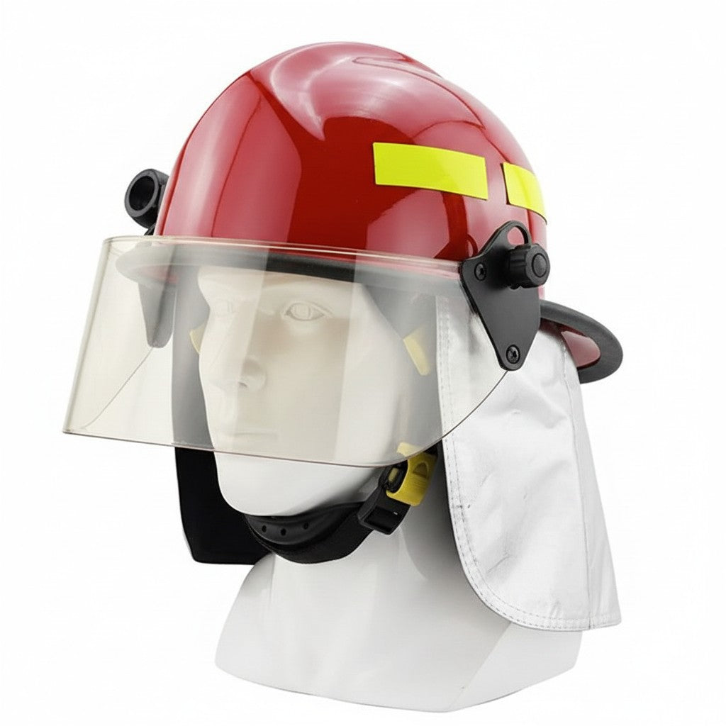 Casco de bombero rojo GERF SAFETY estilo F3 con visor transparente, protector de cuello de aluminio y bandas reflectantes.