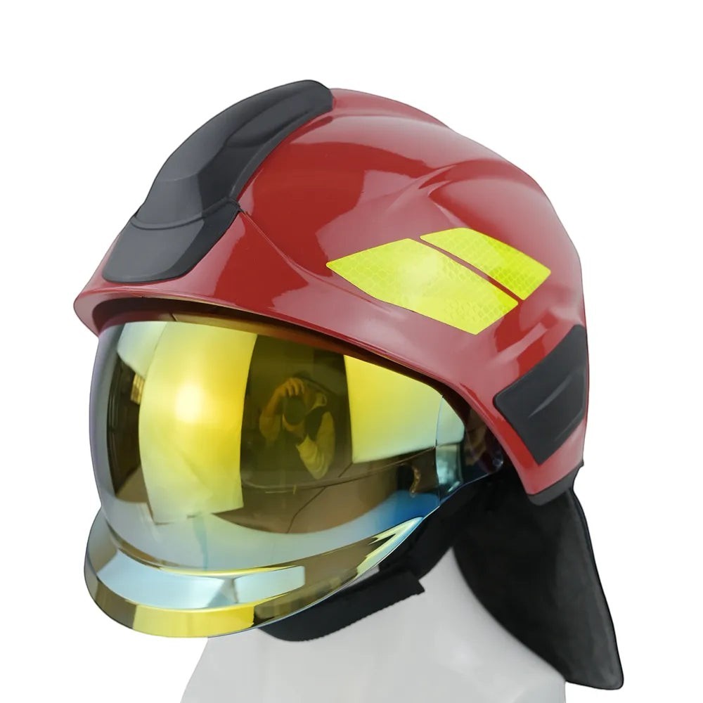 Casco de bombero rojo GERF SAFETY estilo Rosenbauer con visera dorada PPSU, protección térmica y bandas reflectantes.