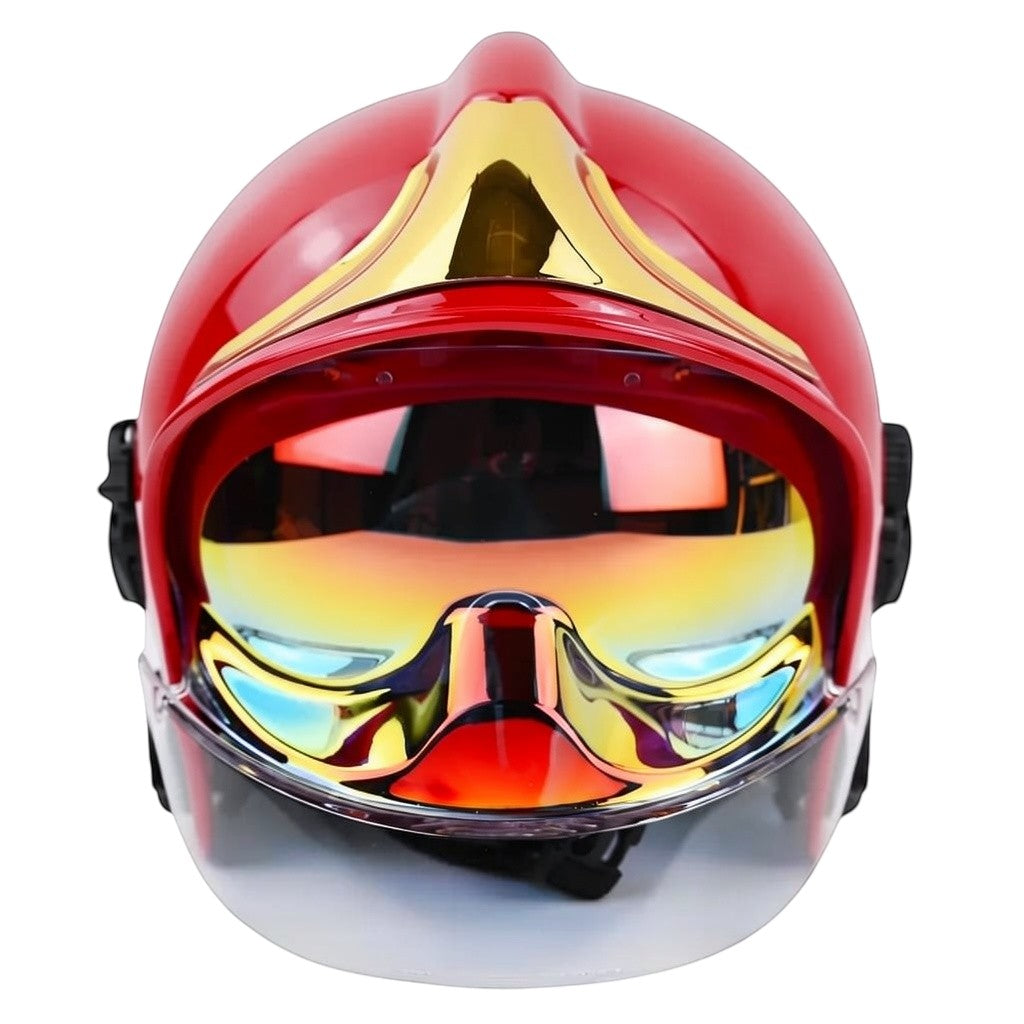 Casco de bombero GERF SAFETY F1AG rojo con visera dorada integral de cara completa y diseño estilo Europa.