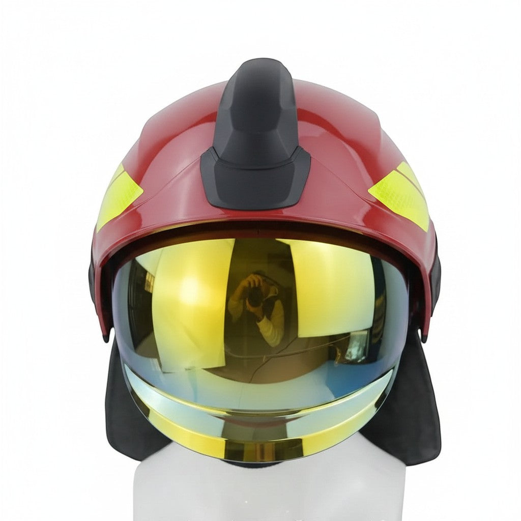 Casco de bombero GERF SAFETY estilo Rosenbauer rojo con visera dorada PPSU y protección térmica certificada EN 443:2008