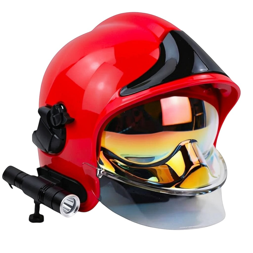 Casco de bombero rojo GERF SAFETY F1AG con visera dorada integral, carcasa de policarbonato y linterna lateral incluida.