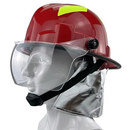 Casco de bombero rojo GERF SAFETY estilo coreano con visor transparente, protector de cuello aluminizado y reflectores.