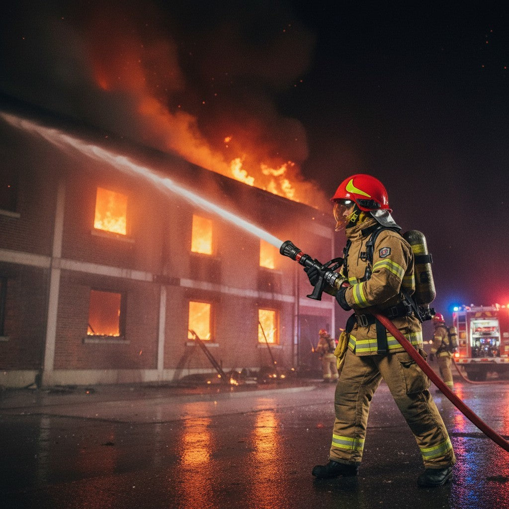 Bombero con casco GERF SAFETY rojo y equipo de protección completo combatiendo un incendio estructural nocturno.