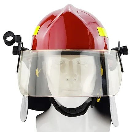 Casco de bombero rojo GERF SAFETY estilo F3 con visor protector, bandas reflectantes y cubrenuca de Nomex.