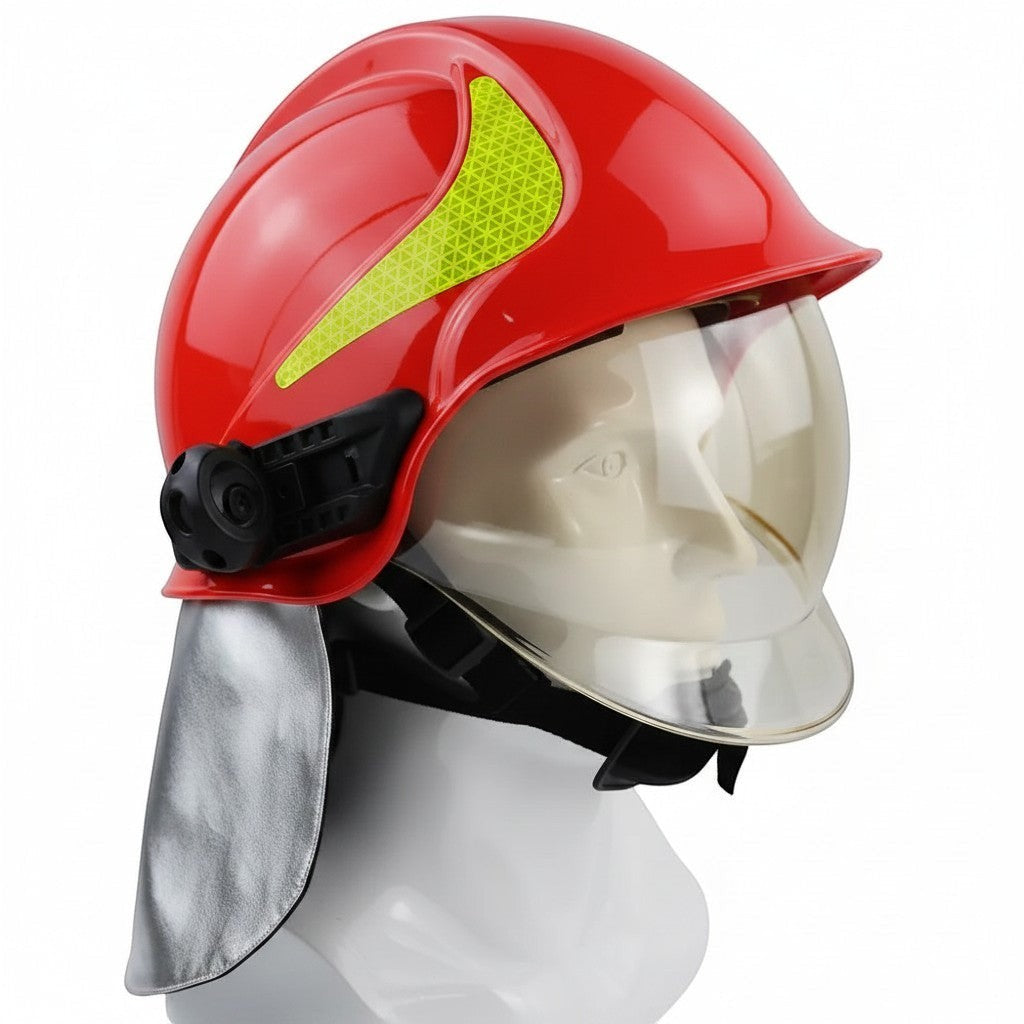 Casco de bombero rojo GERF SAFETY con doble visor, protector de cuello de aluminio y bandas reflectantes 3M.